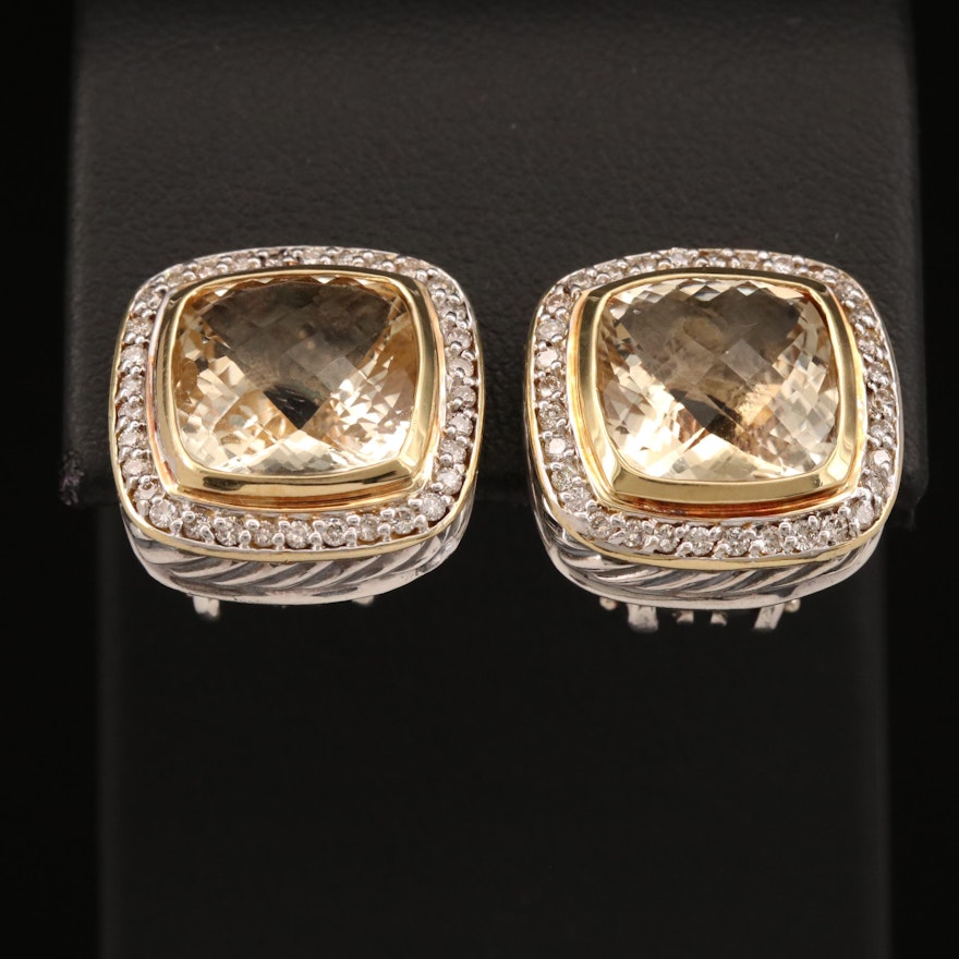 David Yurman "Albion" Sterling Citrine Earrings with Diamonds and 18K Accents