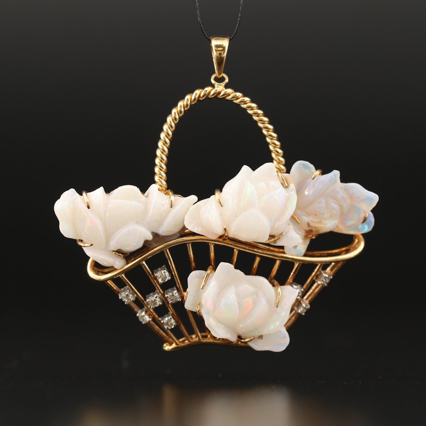 14K Opal and Diamond Flower Basket Pendant