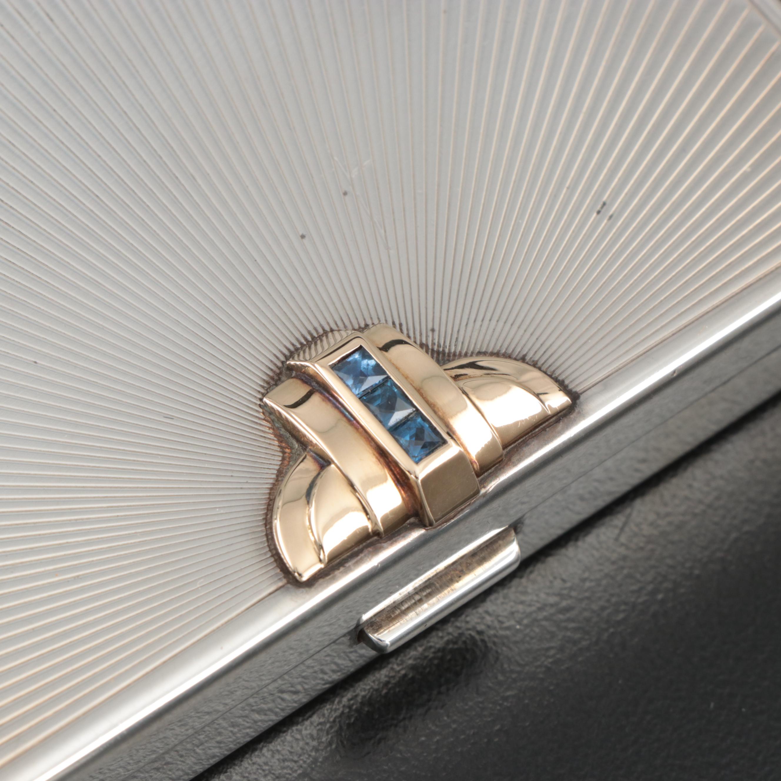 Art Deco Tiffany & Co. Sterling Silver, 14K Gold and Sapphire Cigarette Case