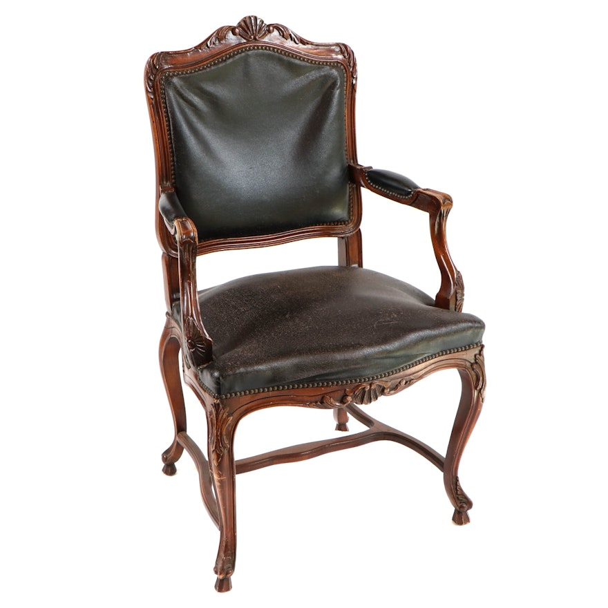 Louis XV Style Wood and Leather Armchair