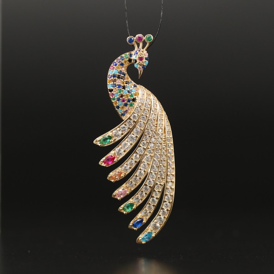 14K Multi-Gemstone Peacock Pendant Including Rubies and Emeralds