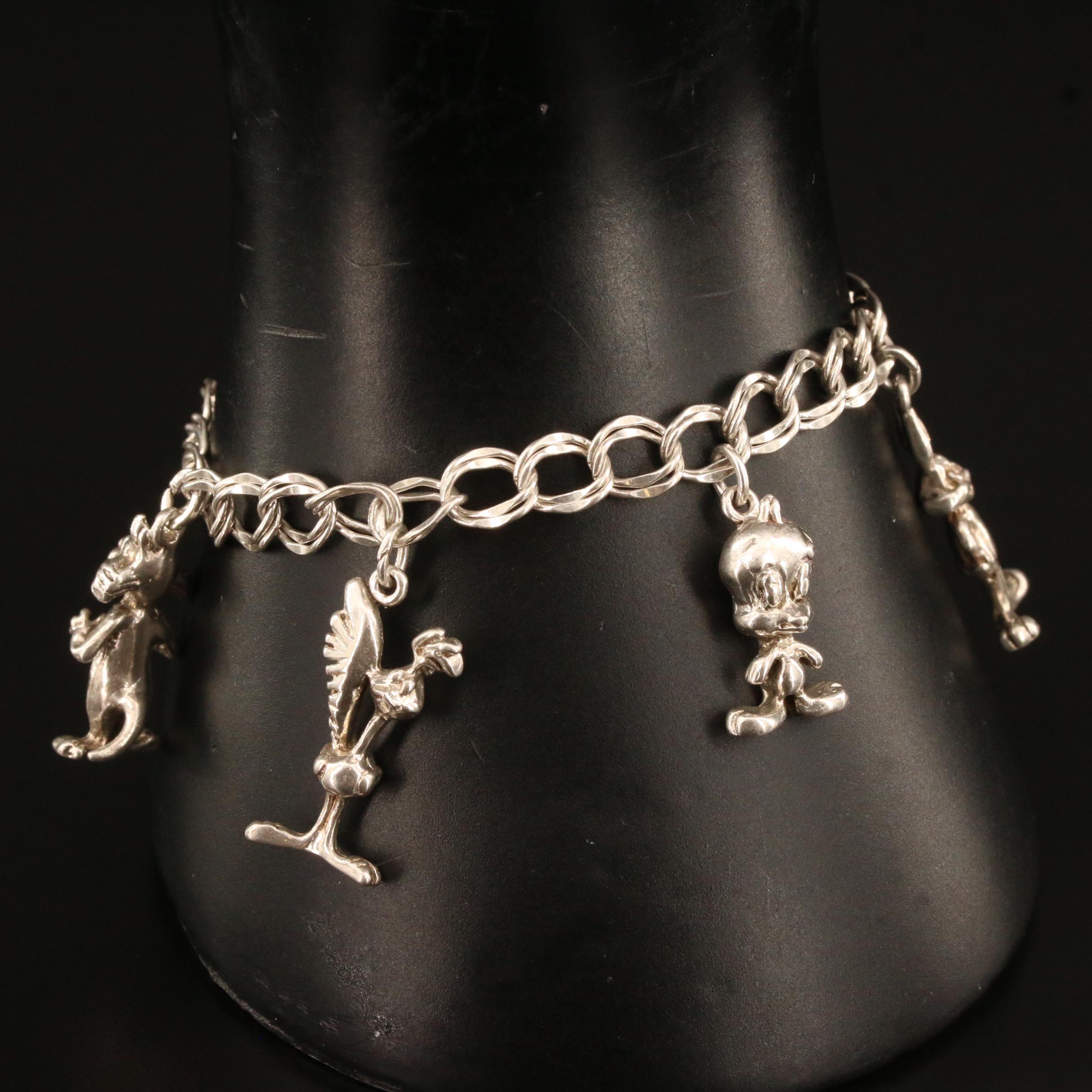 1990 Warner Brothers "Looney Toons" Sterling Silver Charm Bracelet