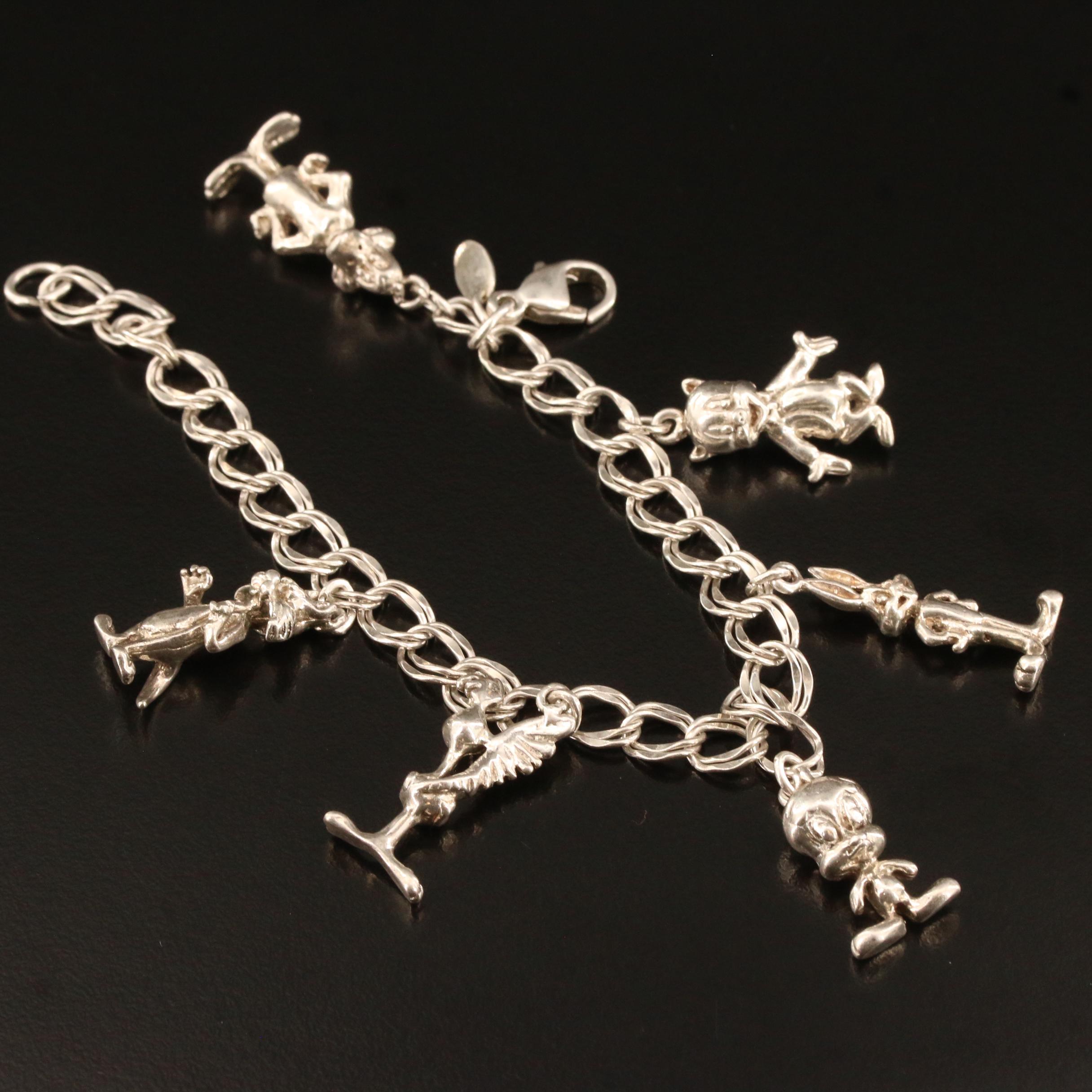 1990 Warner Brothers "Looney Toons" Sterling Silver Charm Bracelet