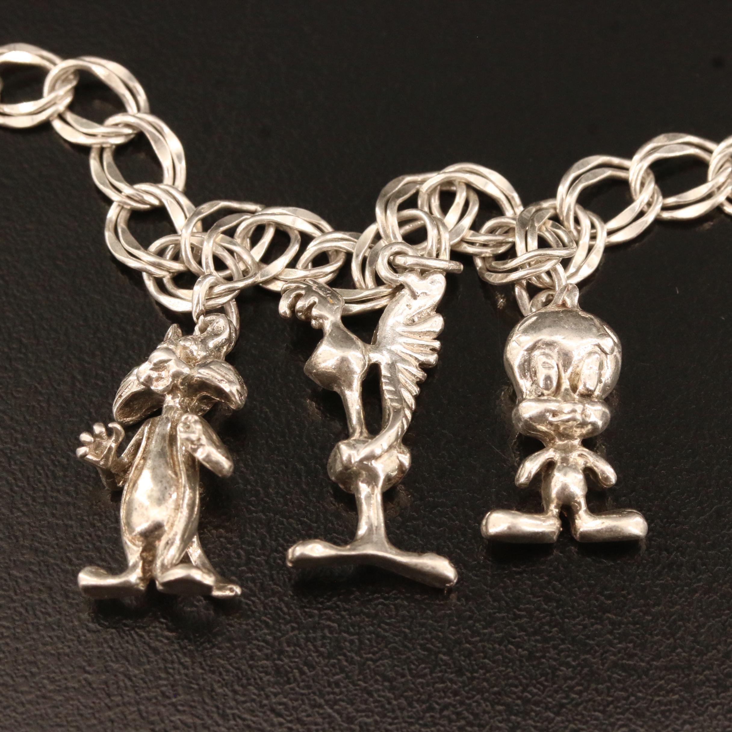 1990 Warner Brothers "Looney Toons" Sterling Silver Charm Bracelet