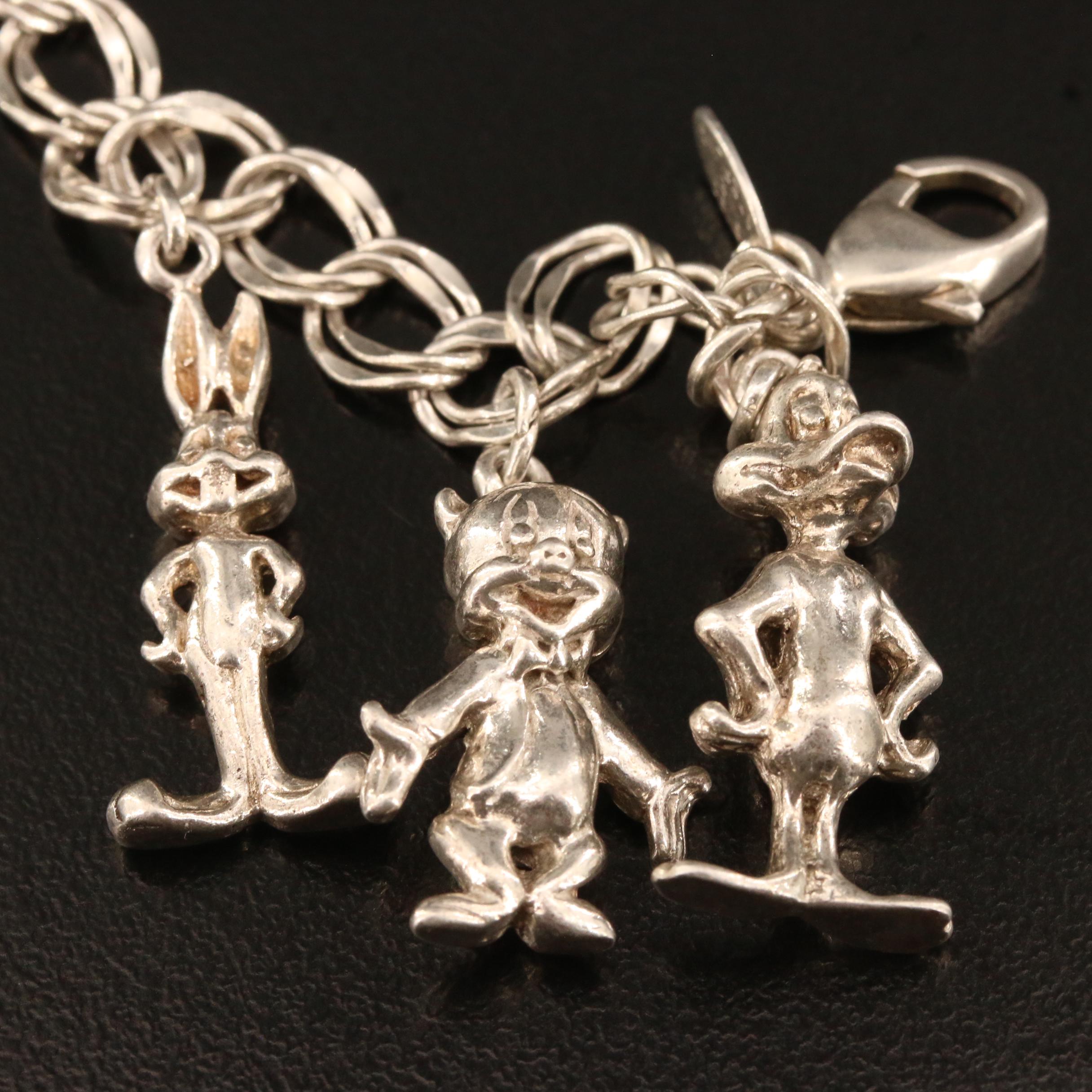 1990 Warner Brothers "Looney Toons" Sterling Silver Charm Bracelet