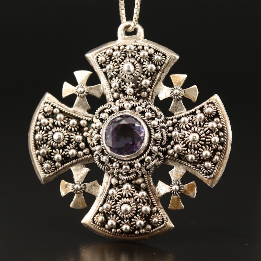 Sterling Silver Color-Change Sapphire Jerusalem Cross Pendant Necklace