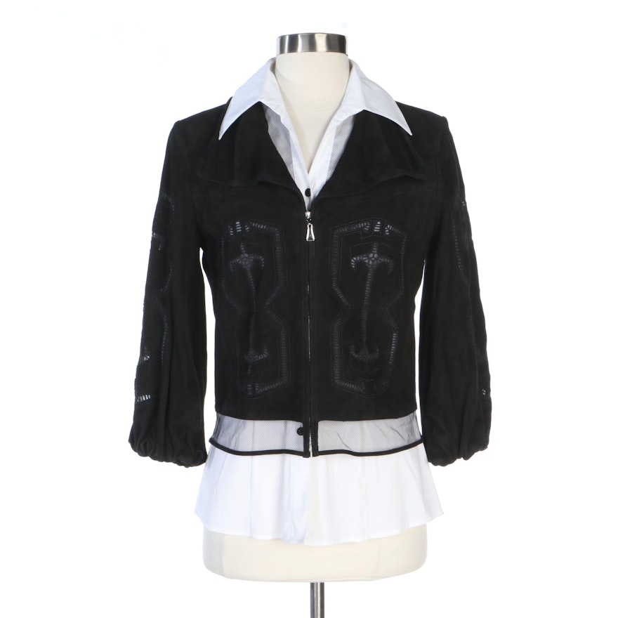 Escada Embroidered Suede Leather Jacket with Mesh Bib Blouse