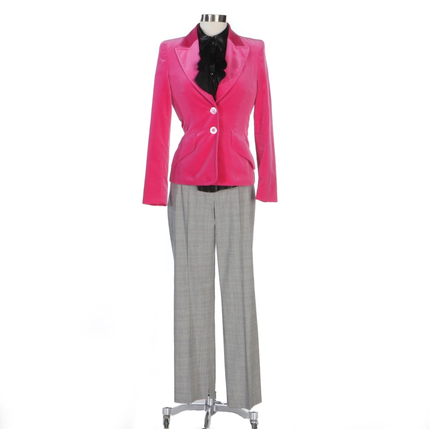 Escada Pink Velvet Jacket with Black Leather Ruffle Blouse and Glen Plaid Pants