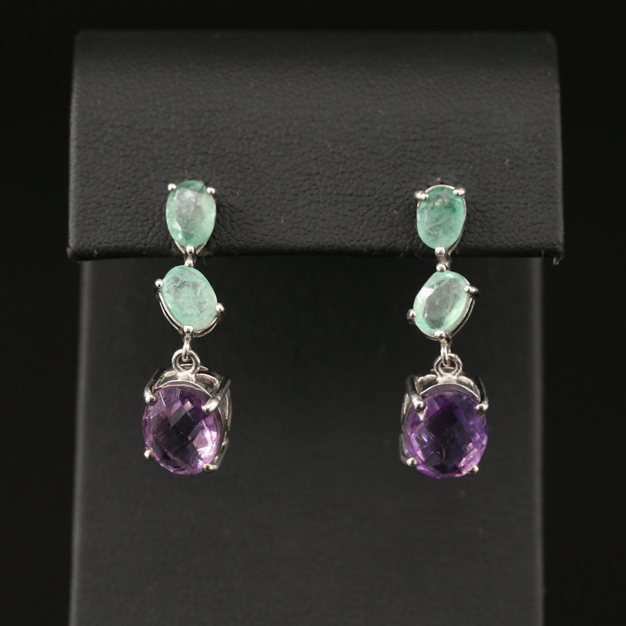 Sterling Silver Amethyst and Emerald Drop Earrings