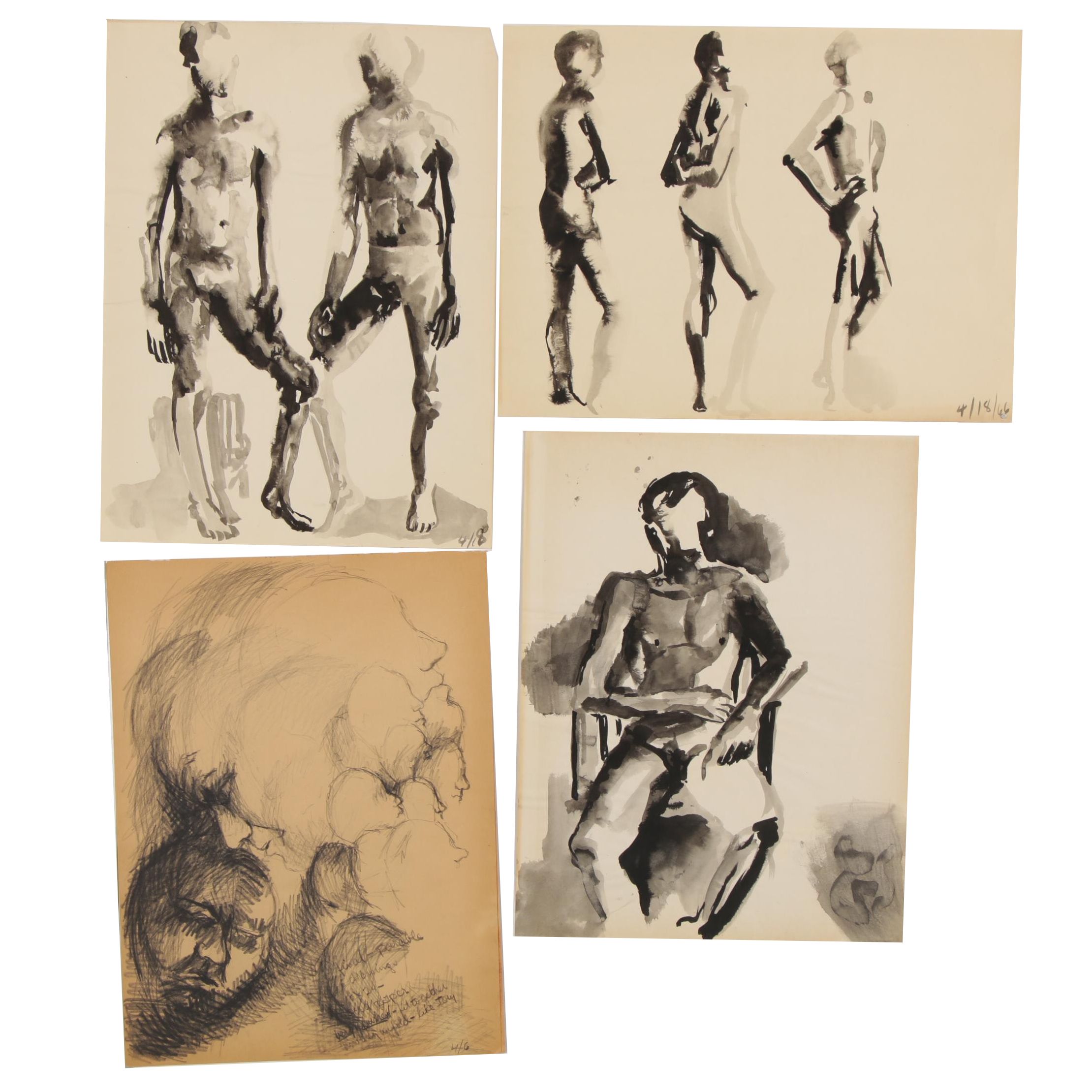 Modern Charcoal and Ink Figurative Gesture Drawings, circa 1960s