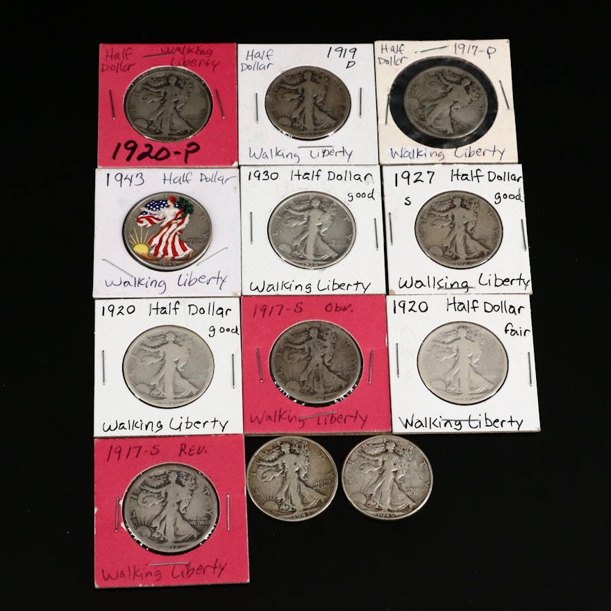 Key Date 1917-S Obverse Walking Liberty Silver Half Dollar and Eleven Others