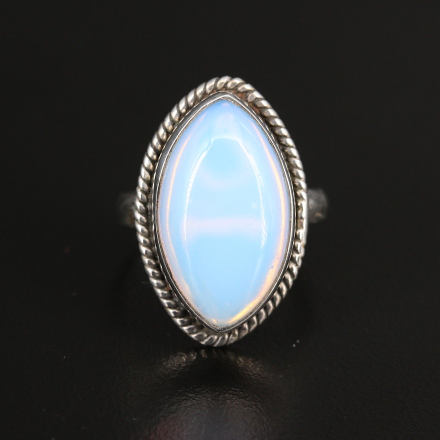 Sterling Navette Ring with Marquise Glass Cabochon