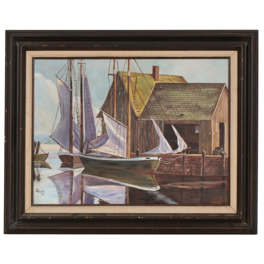K. Franklin Oil Painting of Harbor Scene with Boats, 1982