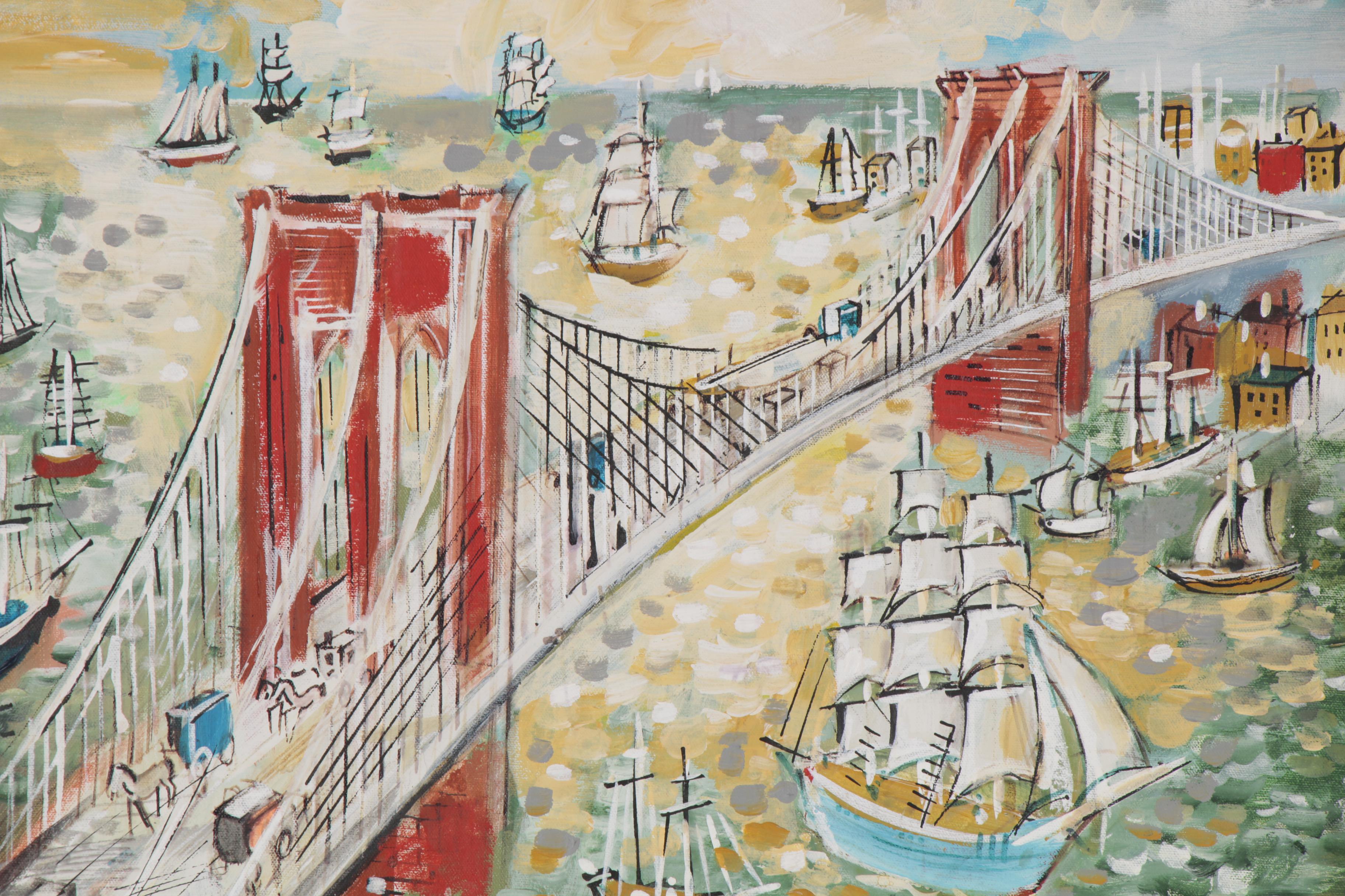 Charles Cobelle Acrylic Painting of a Suspension Bridge