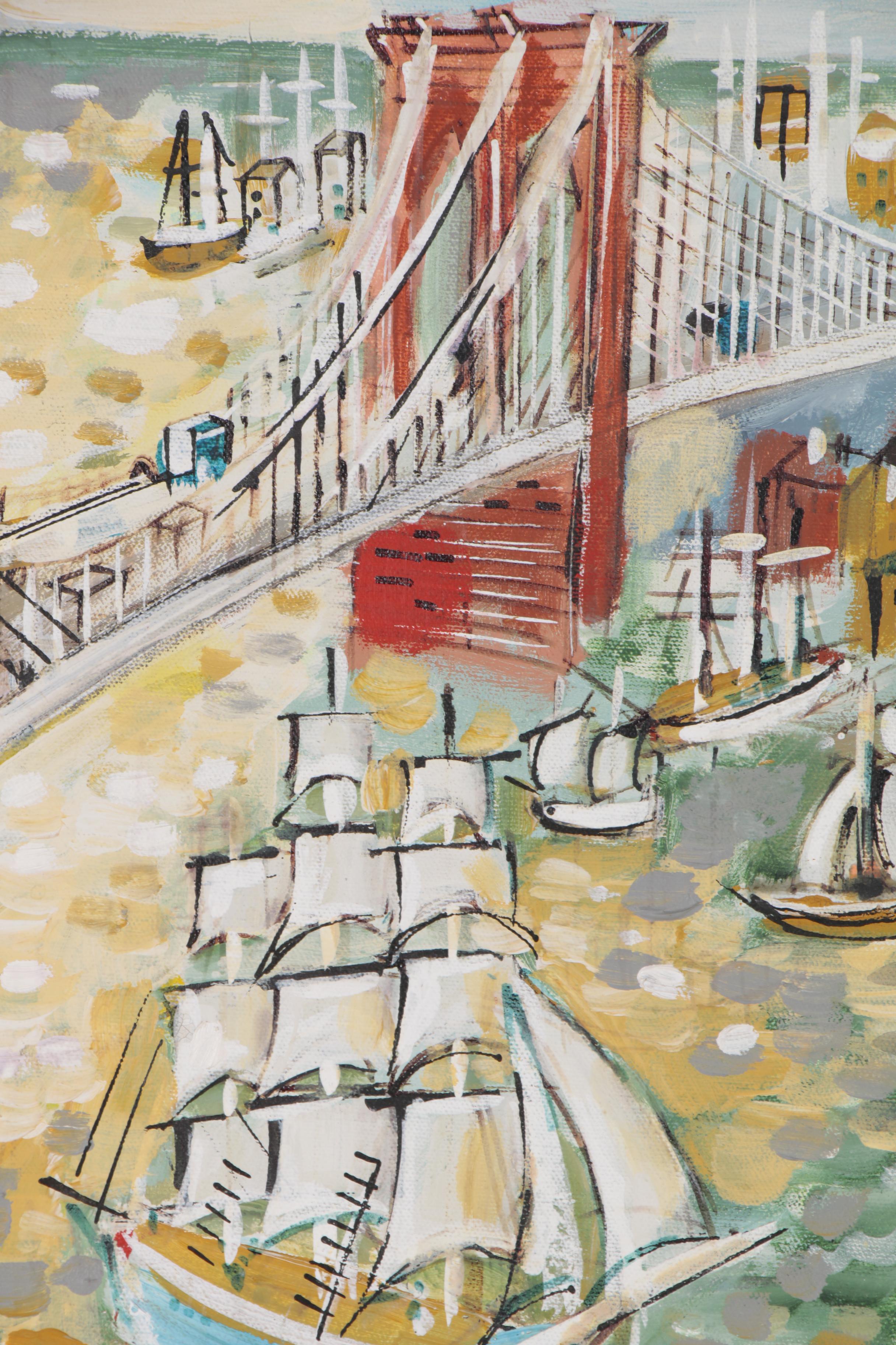 Charles Cobelle Acrylic Painting of a Suspension Bridge