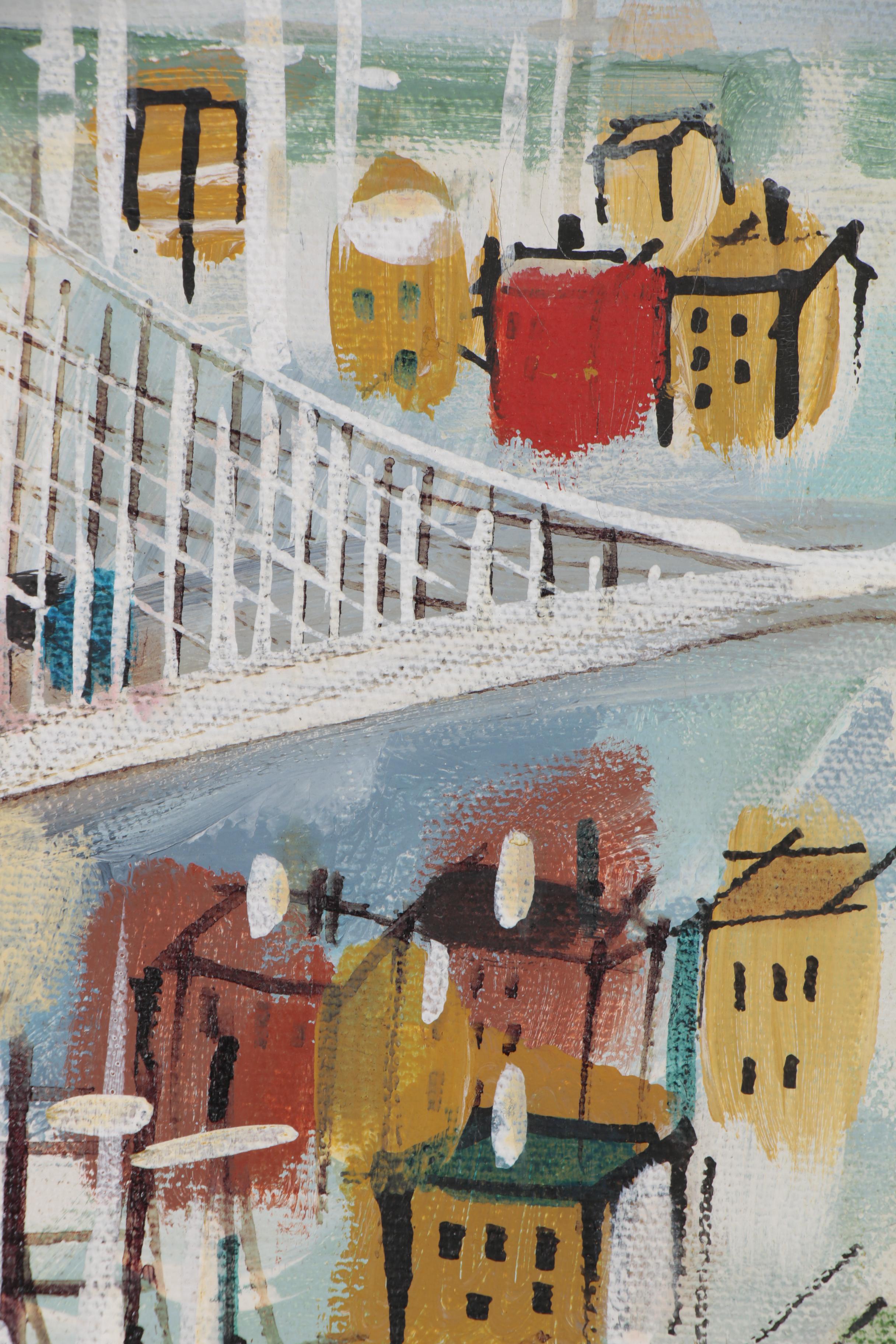 Charles Cobelle Acrylic Painting of a Suspension Bridge