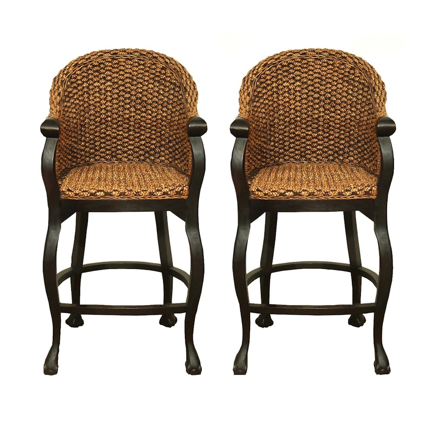 Pair of Contemporary Woven Seagrass Ball and Claw Foot Barstools
