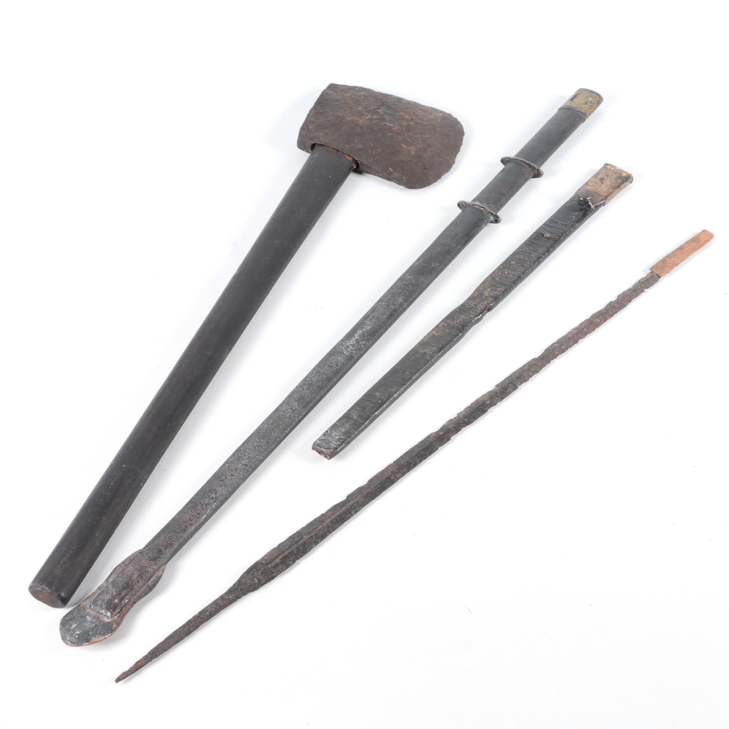 Hand-Forged Axe Head, Leather and Sword Scabbards with Iron Throwing Spear