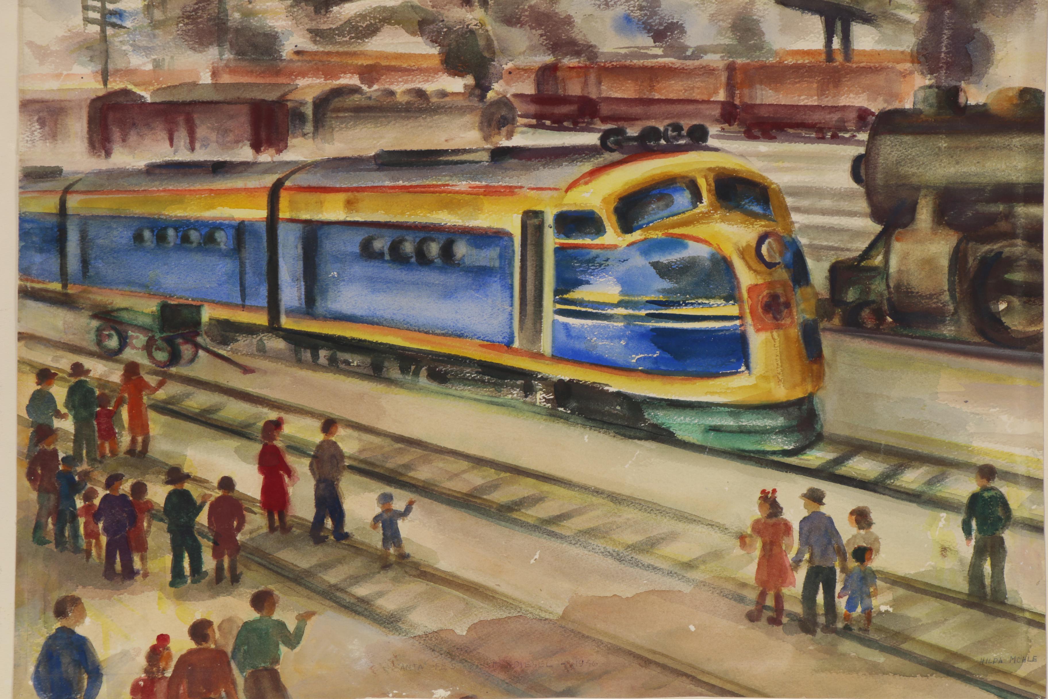 Hilda Mohle Watercolor Painting "Santa Fe's First Diesel," Mid 20th Century
