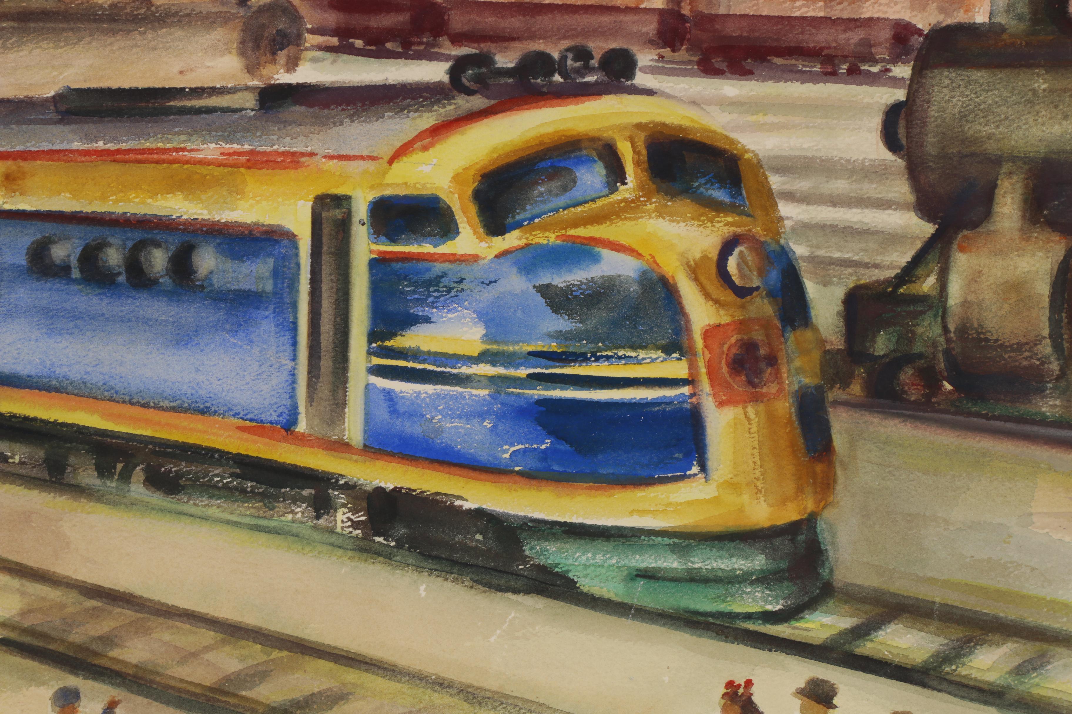 Hilda Mohle Watercolor Painting "Santa Fe's First Diesel," Mid 20th Century