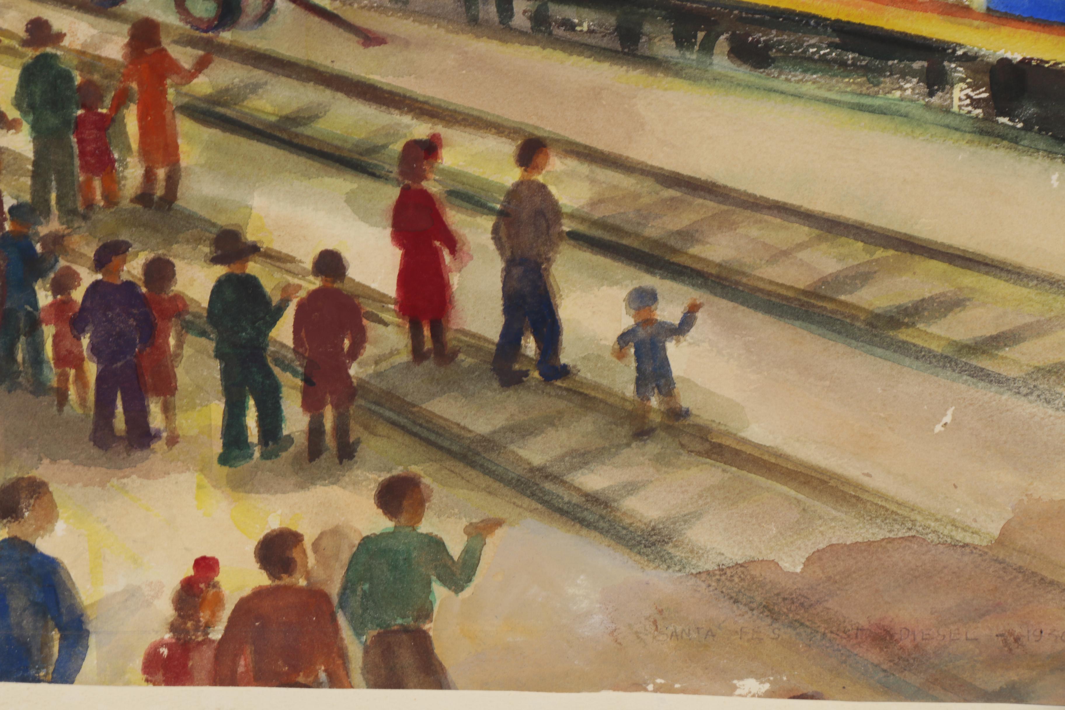 Hilda Mohle Watercolor Painting "Santa Fe's First Diesel," Mid 20th Century