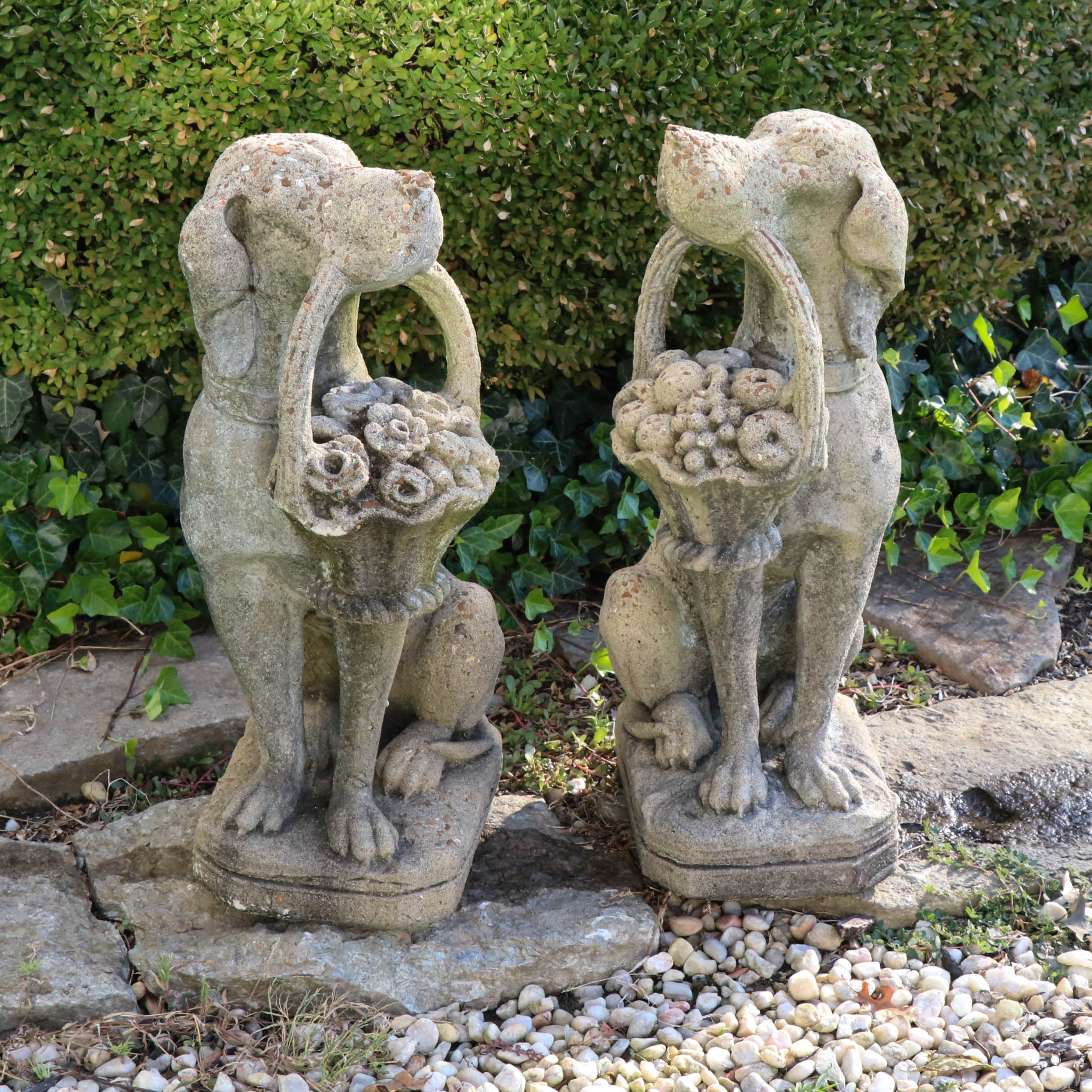 Concrete Garden Statues of Dogs with Flower Baskets, 20th Century