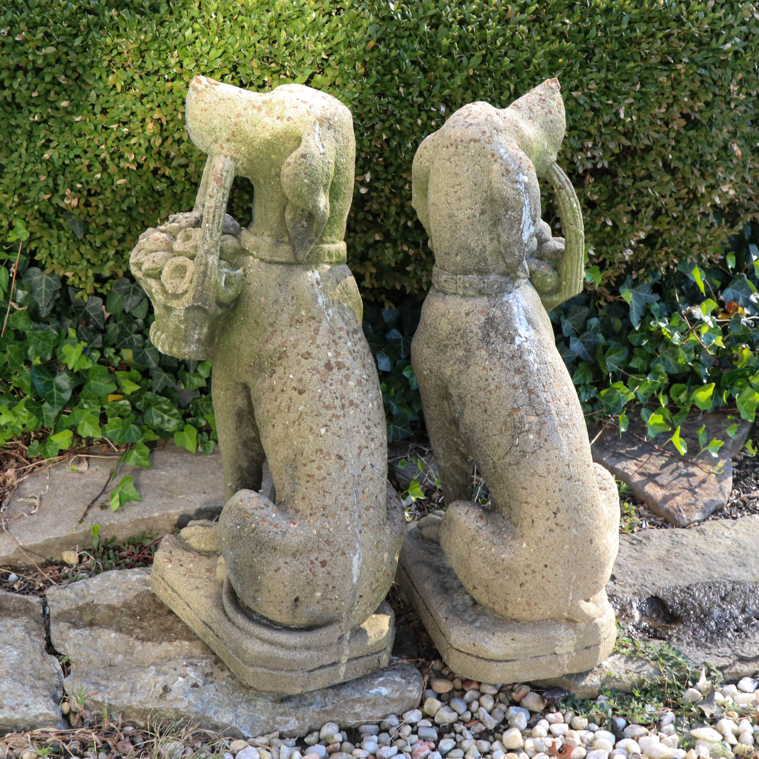 Concrete Garden Statues of Dogs with Flower Baskets, 20th Century