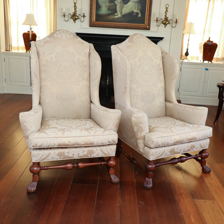 David A. Millett Damask Upholstered Wingback Armchairs with Down Seats