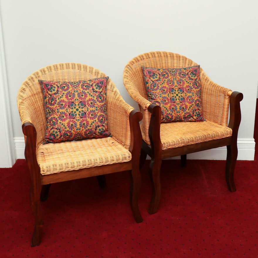 Bauer Furniture Barrel Back Wicker and Mahogany Armchairs, 20th Century