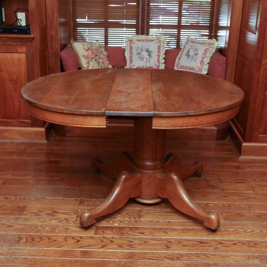 Oak Pedestal Dining Table on Casters, Early to Mid-20th Century