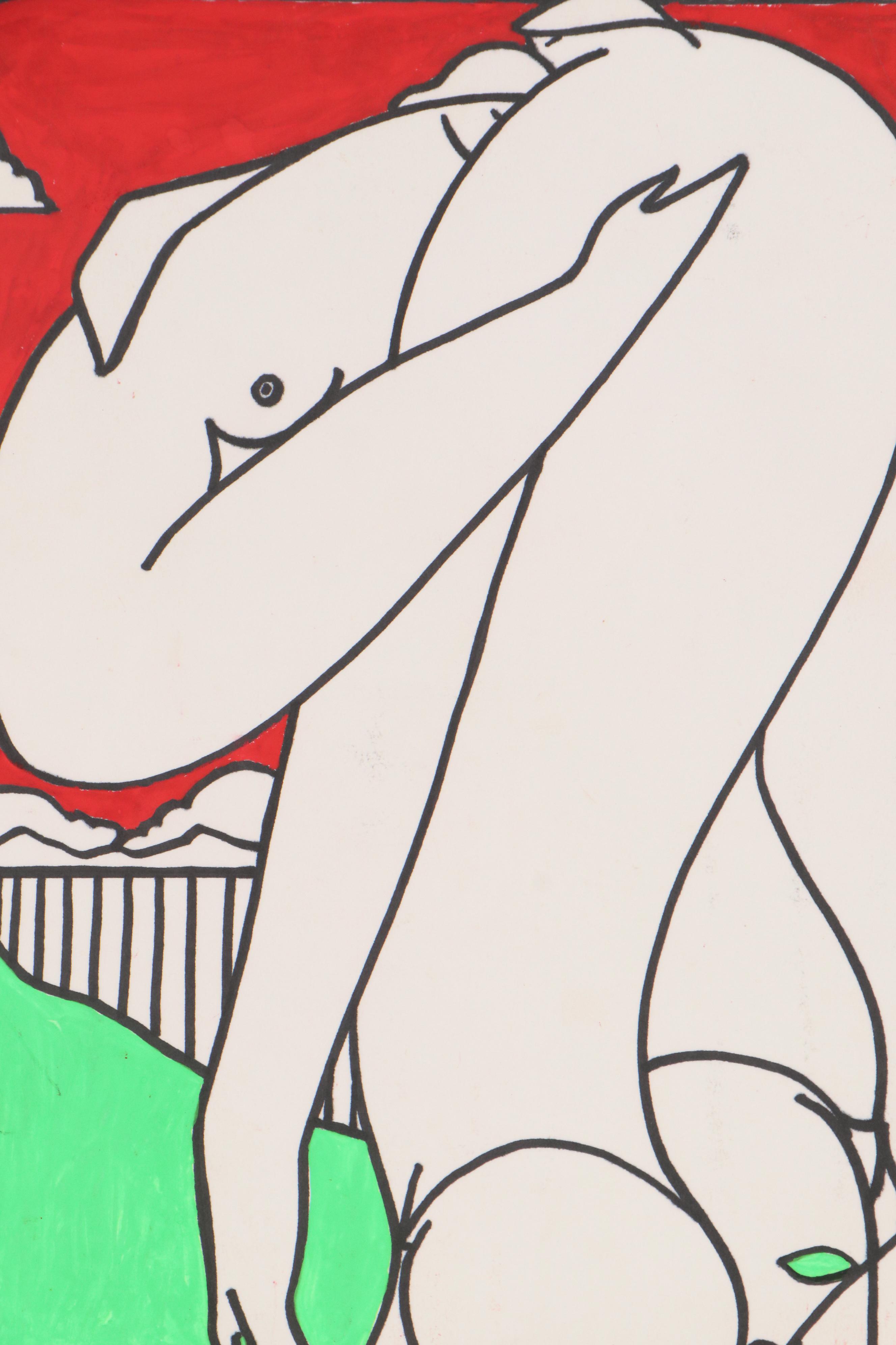 Jorge Sendra Acrylic and Ink Drawing of Nude Figures, 20th Century