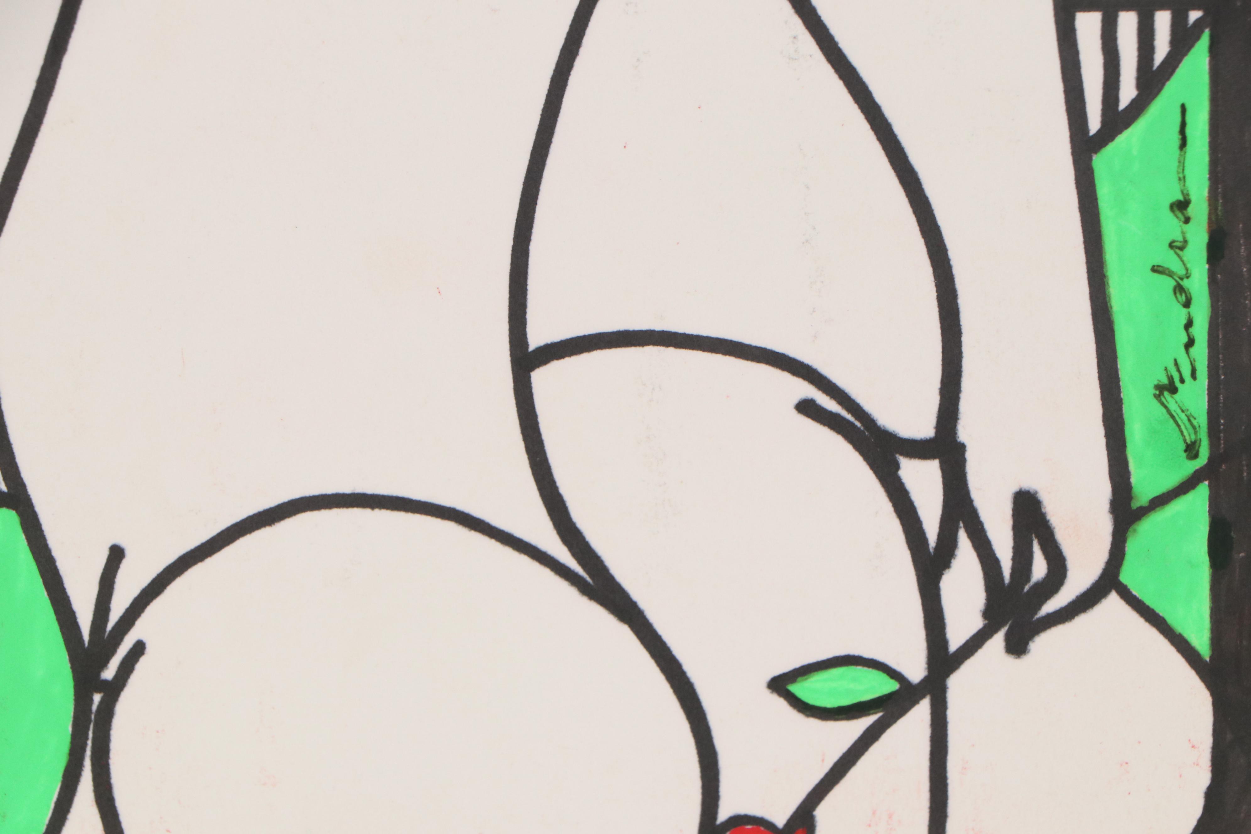 Jorge Sendra Acrylic and Ink Drawing of Nude Figures, 20th Century