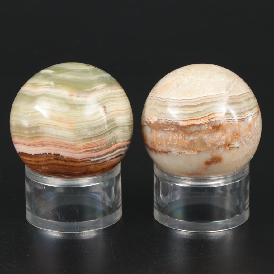 Polished Banded Calcite Orbs with Display Stands