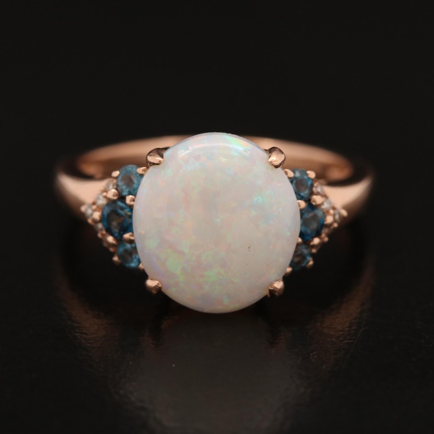 14K Rose Gold Opal, Topaz and Diamond Ring