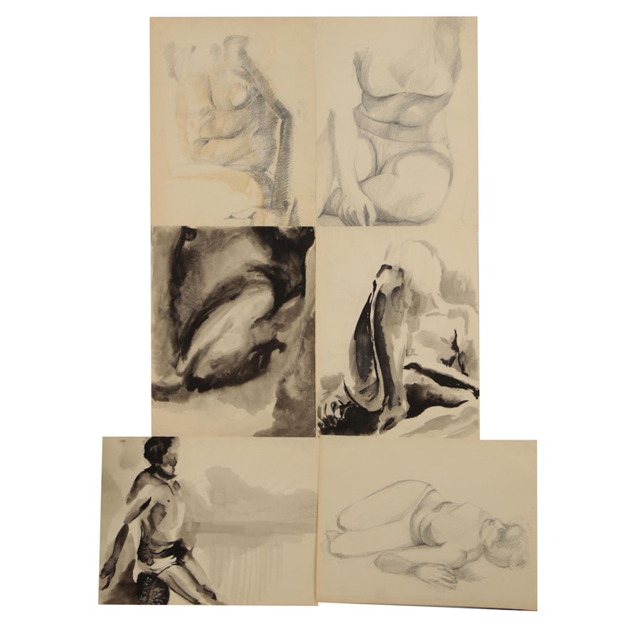 Modern Charcoal and Ink Figurative Gesture Drawings, circa 1960s