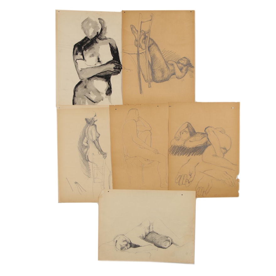 Modern Charcoal and Ink Figurative Gesture Drawings, circa 1960s