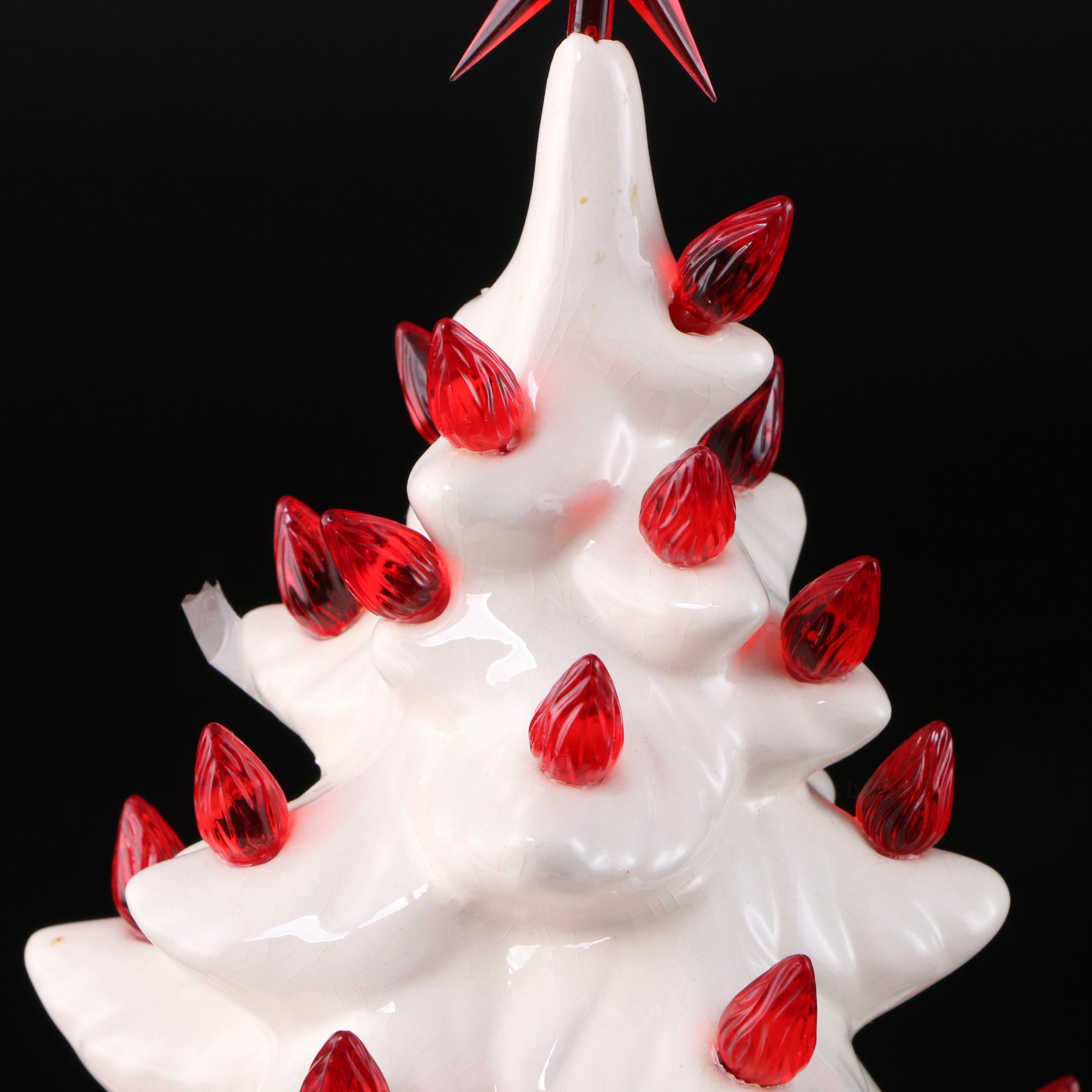 Illuminated White Ceramic Christmas Tree with Red Lights, Mid-Late 20th C.