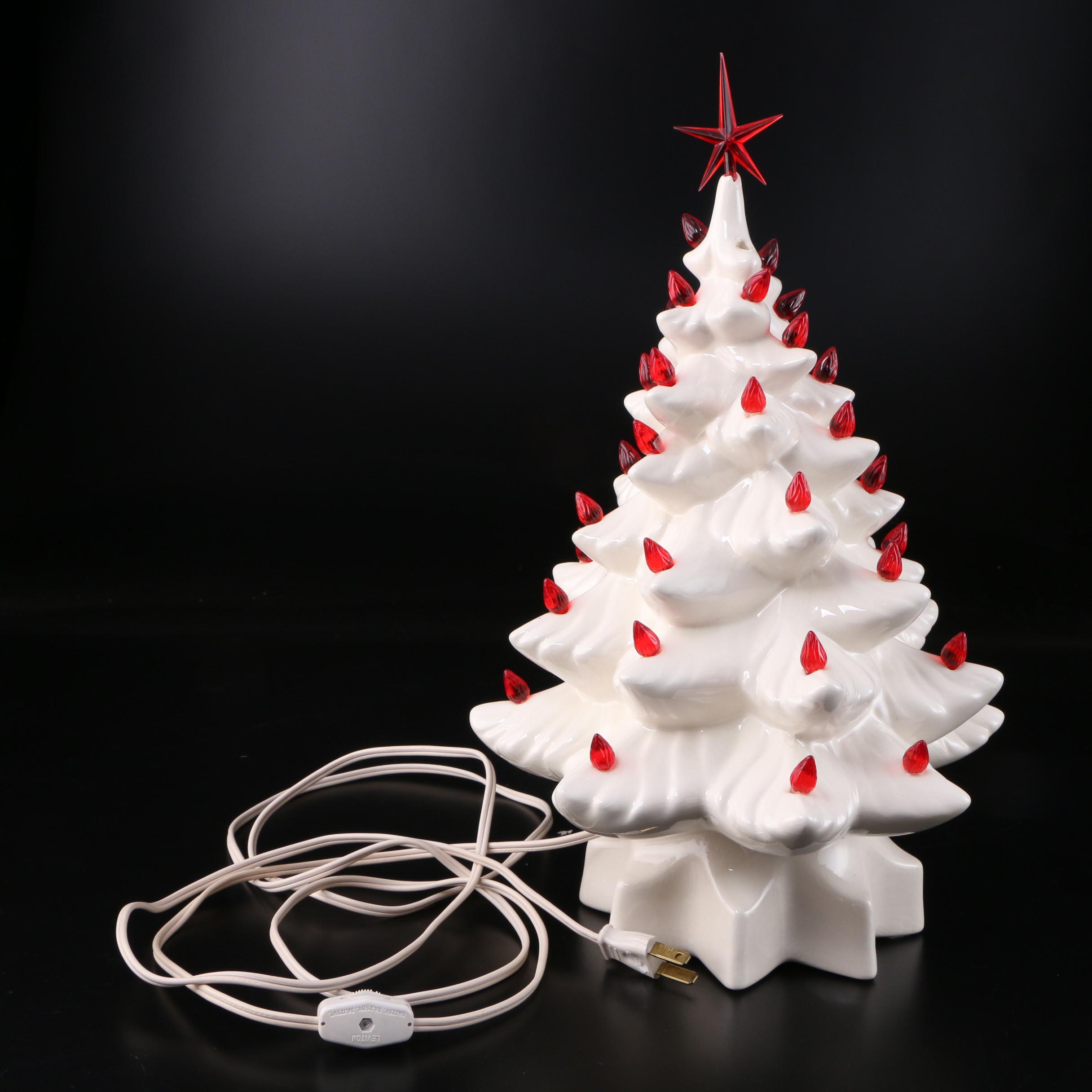 Illuminated White Ceramic Christmas Tree with Red Lights, Mid-Late 20th C.