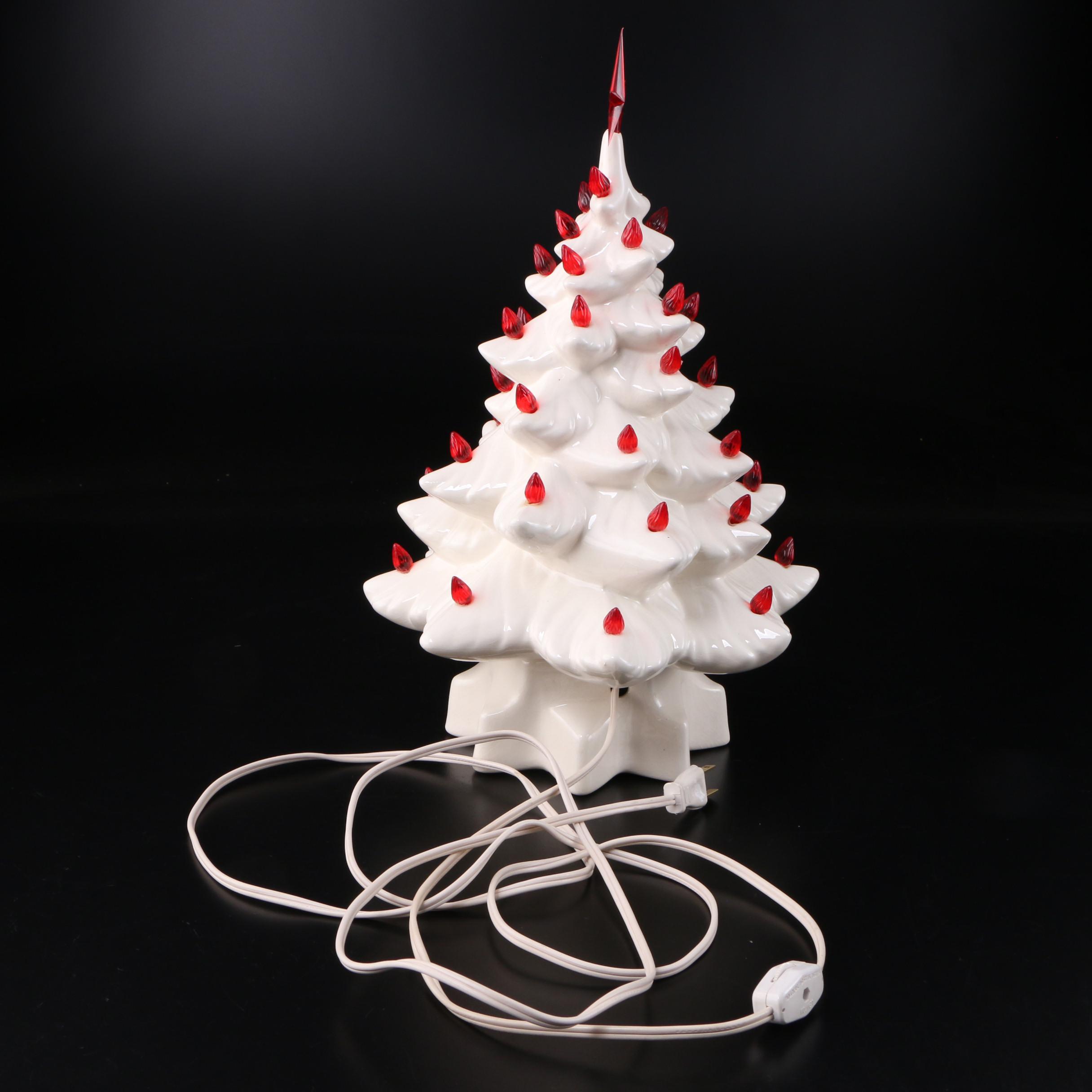 Illuminated White Ceramic Christmas Tree with Red Lights, Mid-Late 20th C.