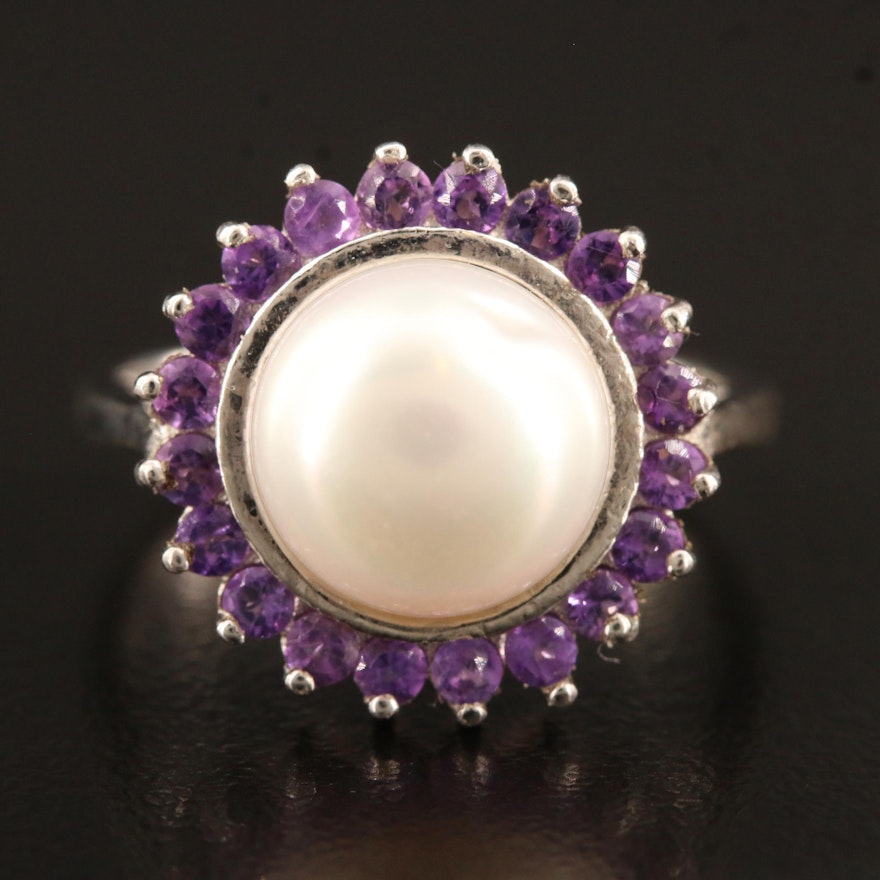 Sterling Silver Mabé Pearl Ring with Amethyst Halo