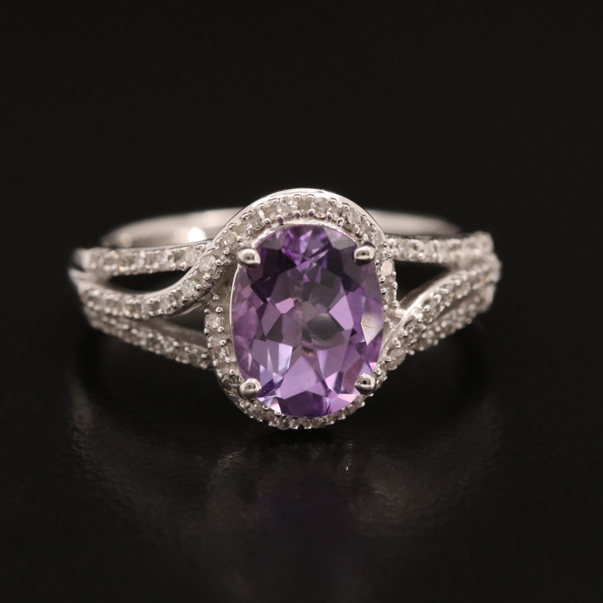 10K Amethyst and Diamond Ring with Open Shoulders