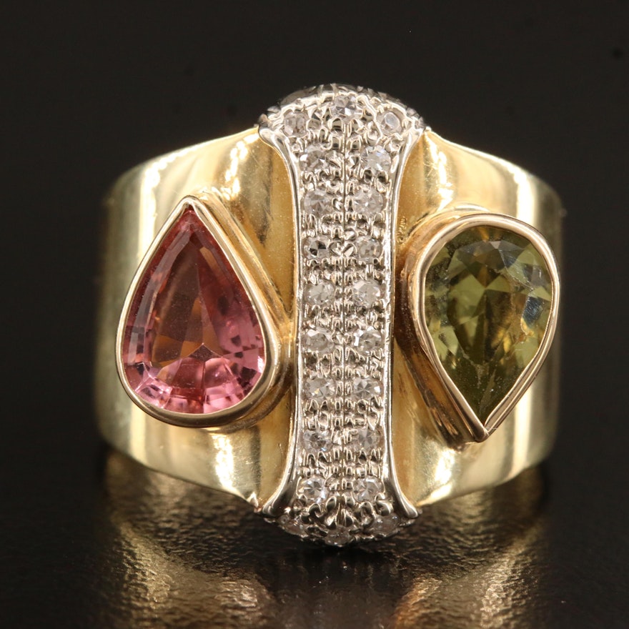 14K Peridot, Pink Tourmaline and Diamond Ring