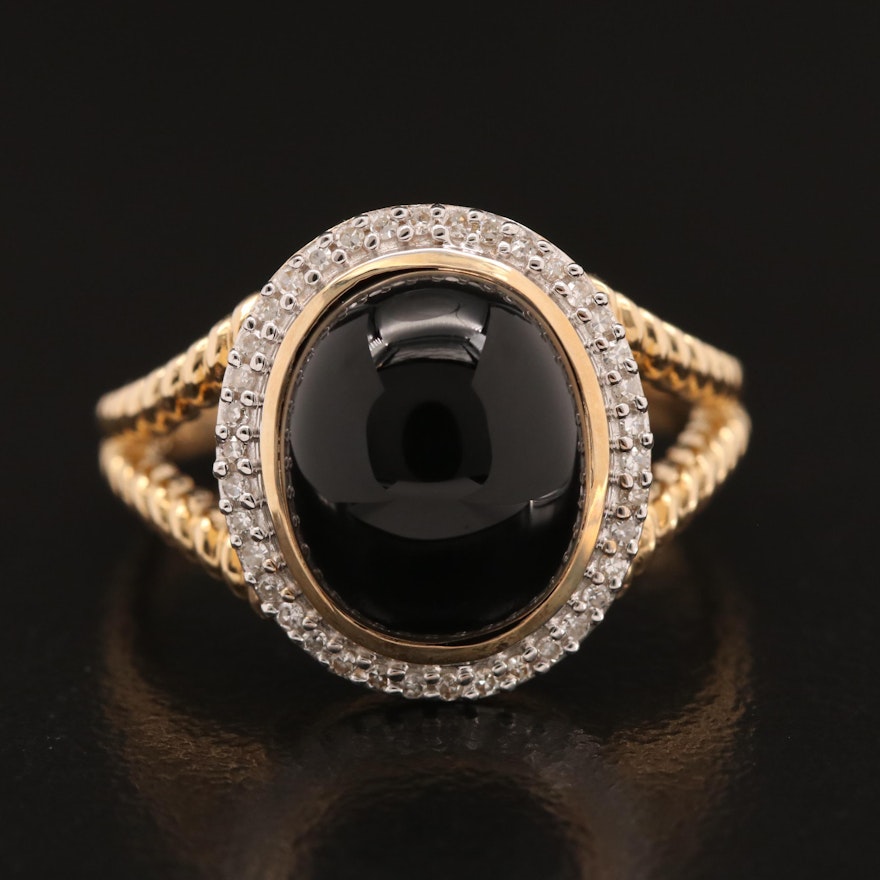 14K Black Onyx and Diamond Split Shoulder Ring