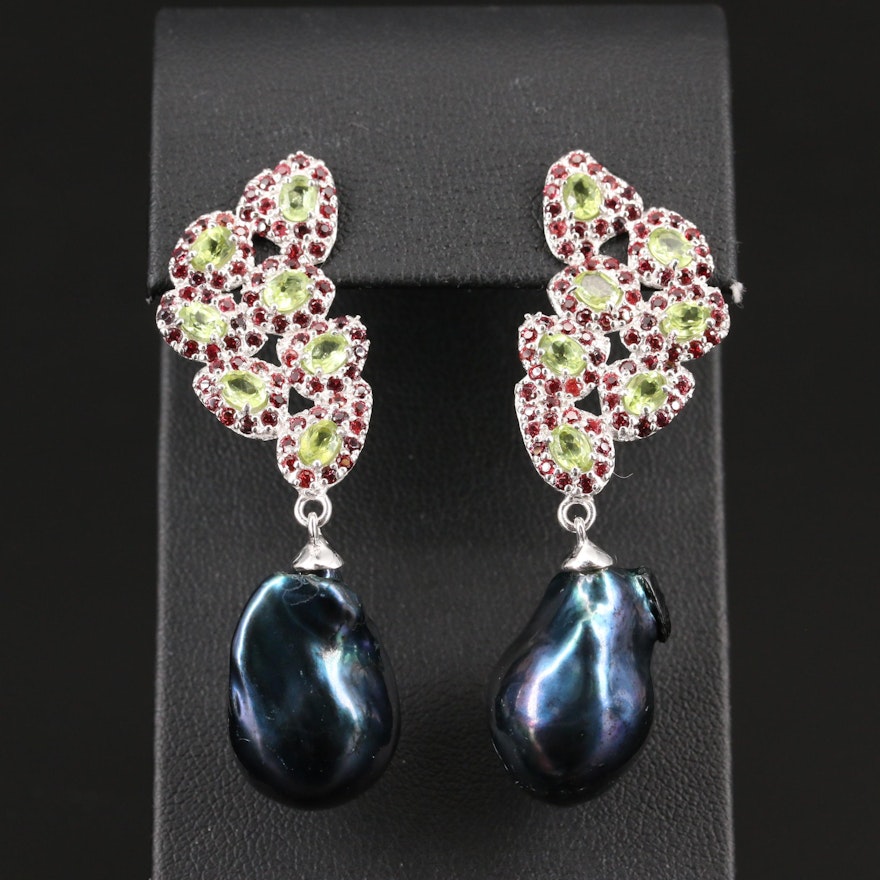 Sterling Pearl, Peridot and Sapphire Floral Motif Dangle Earrings