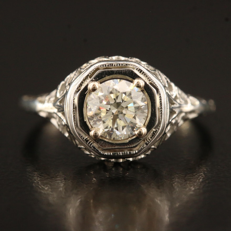 Late Art Deco 18K Diamond Ring with Openwork Detail