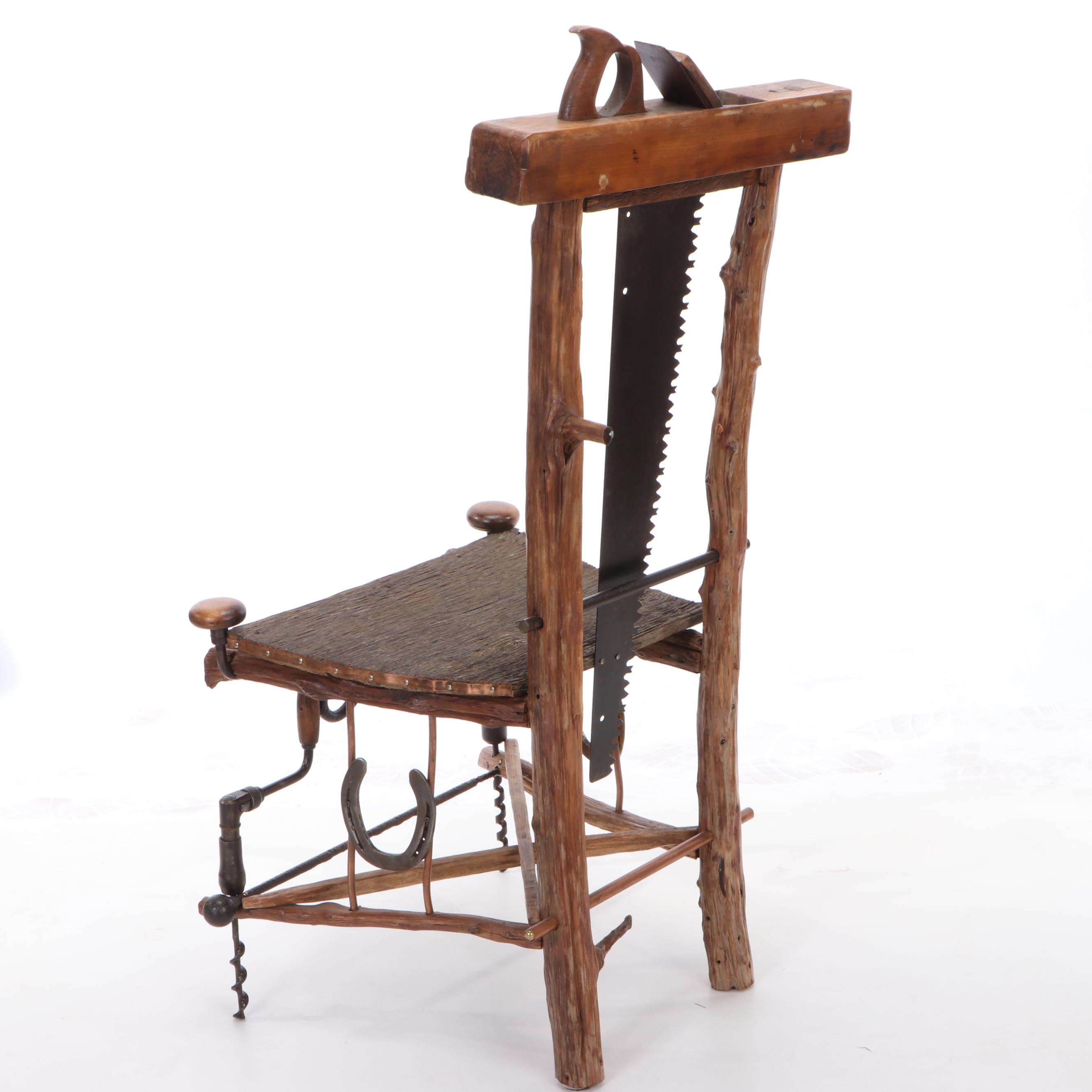 Hand Crafted Chair Made of Workshop Tools and Wood Sections