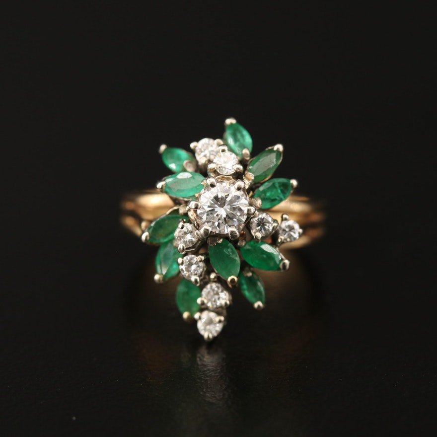 Vintage 14K Diamond and Emerald Cluster Ring