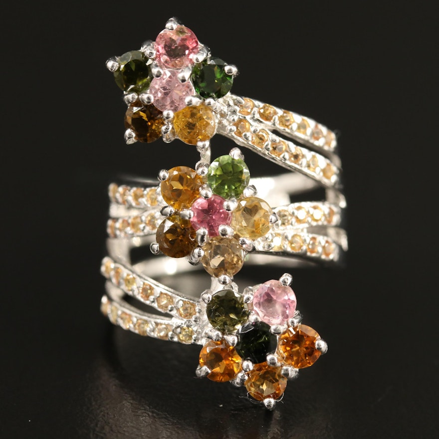 Sterling Silver Tourmaline and Sapphire Floral Wrapped Ring