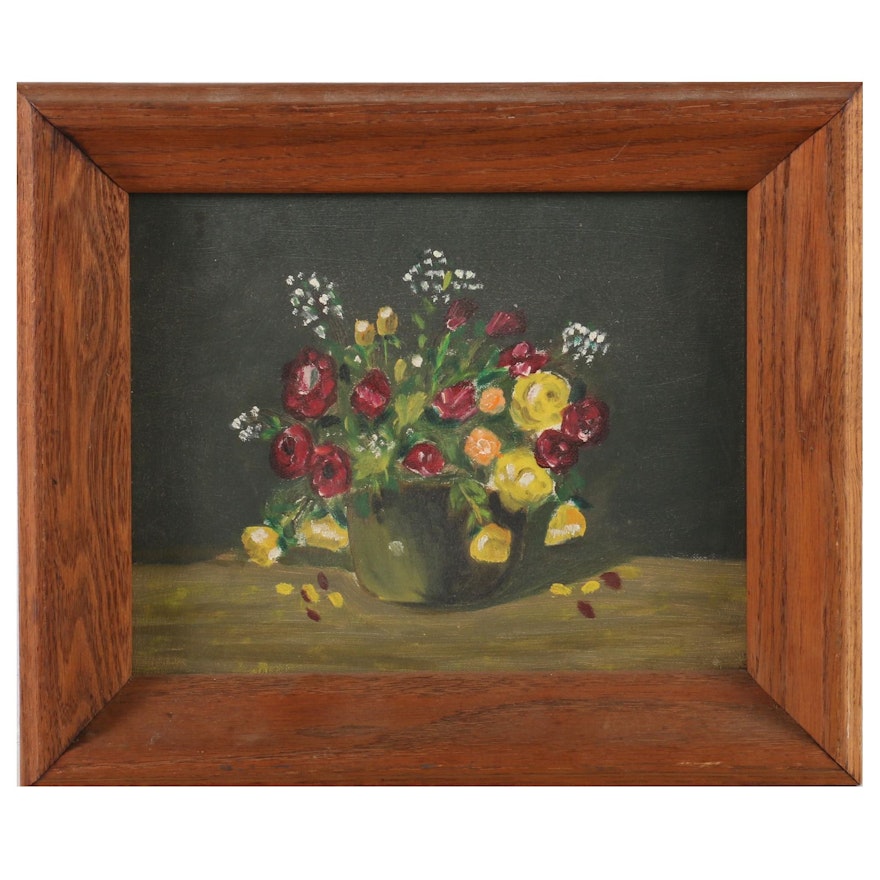 Still Life Oil Painting of Flower Pot, Mid 20th Century