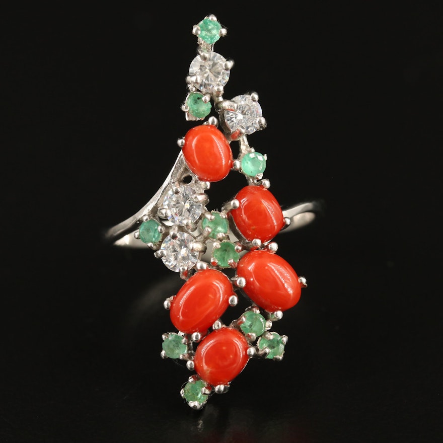 Sterling Coral, Emerald and Cubic Zirconia Cluster Ring